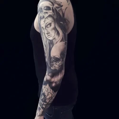 sleeve black and grey skulls tattoos